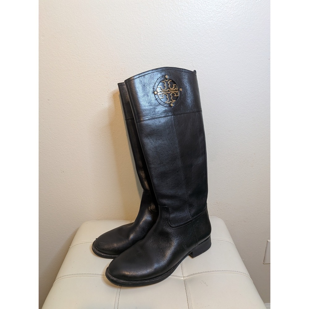 Tory Burch Black Leather Riding Boots Logo Detail Women's Size 9.5M‎
